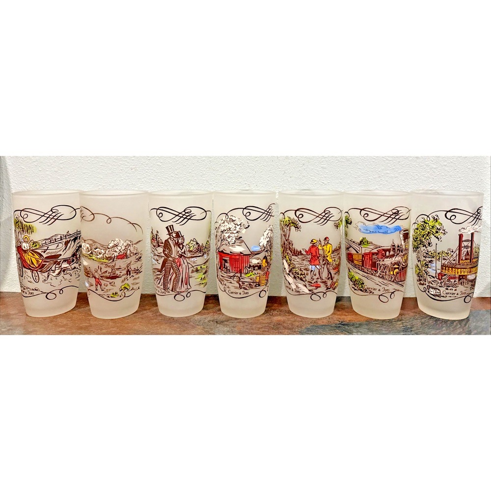 Vintage Currier & Ives Frosted Glass Tumblers Set of 7 12oz Retro Americana = A